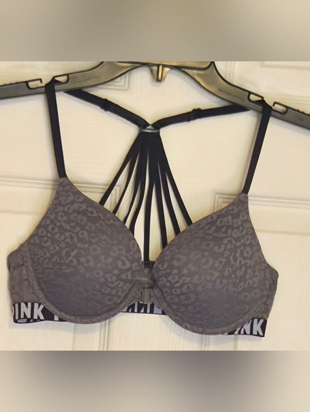Victoria’s Secret PINK 34B Gray Leopard Lace Strappy Racerback Bra